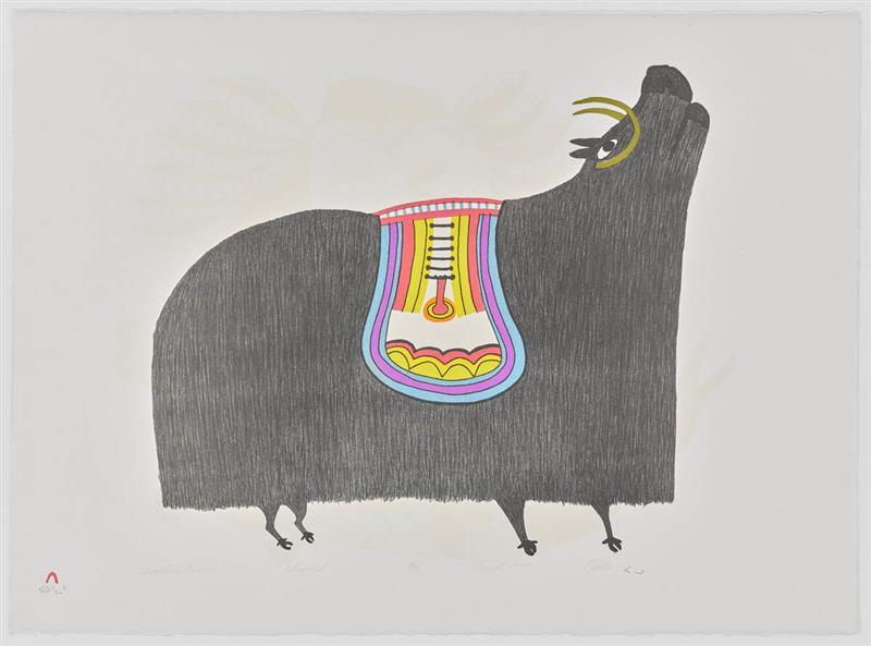 An image of Pudlo Pudlat's drawing Saddled Muskox, which depicts a muskox with a colourful saddlle