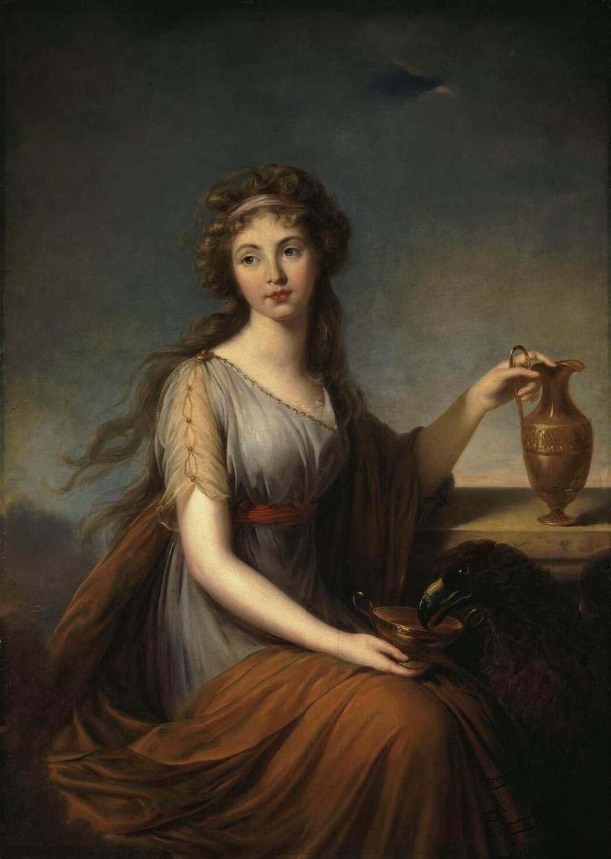 portrait of woman seated beside pitcher with eagle in her lap