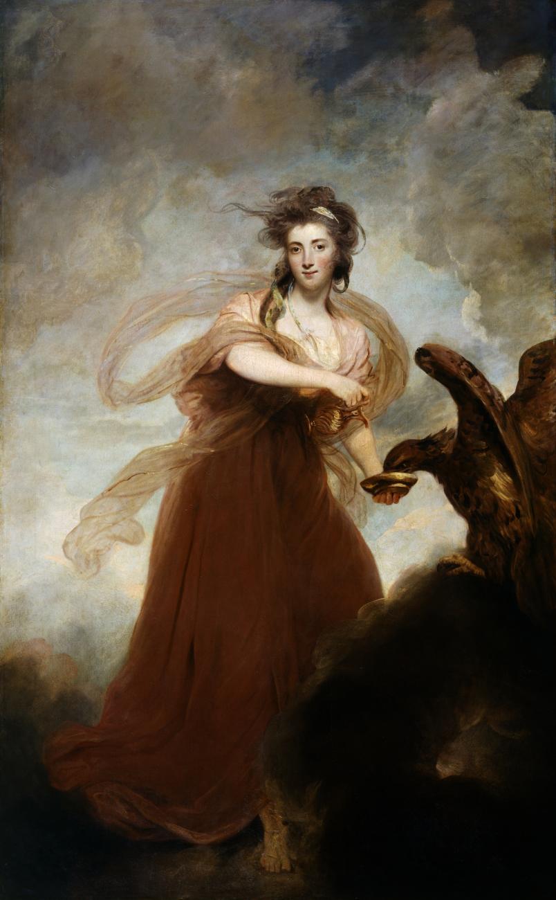 Full length oil painting of woman feeding an eagle