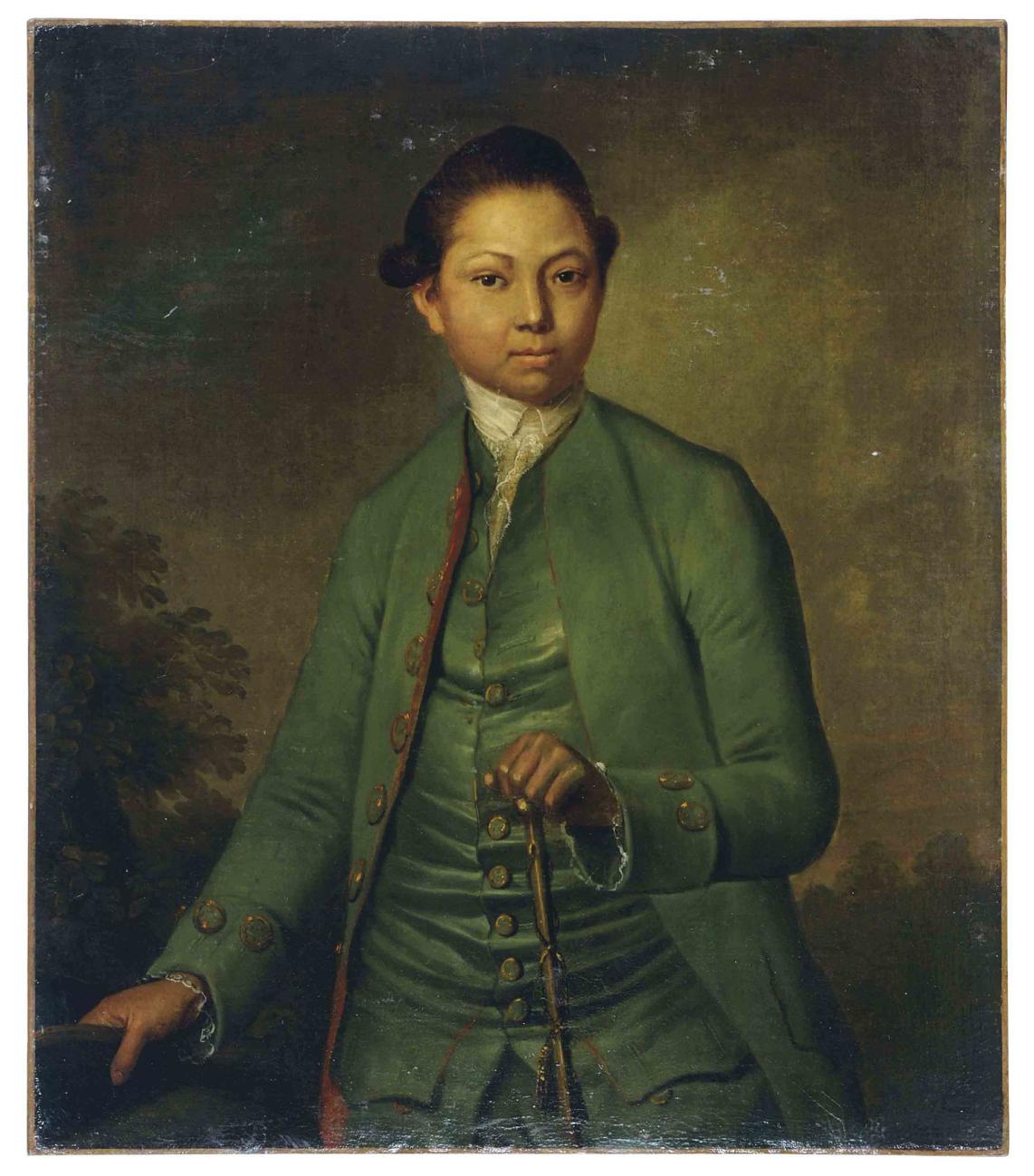 An image of a portrait of a young man that is theorized to be Michiel. He is wearing a green jacket and is holding a cane in one hand and a hat in the other.