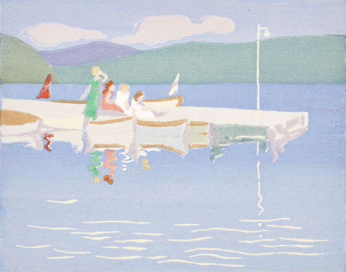 An image of Mary E. Wrinch's print The Wharf, which depicts women at a wharf at a lake.