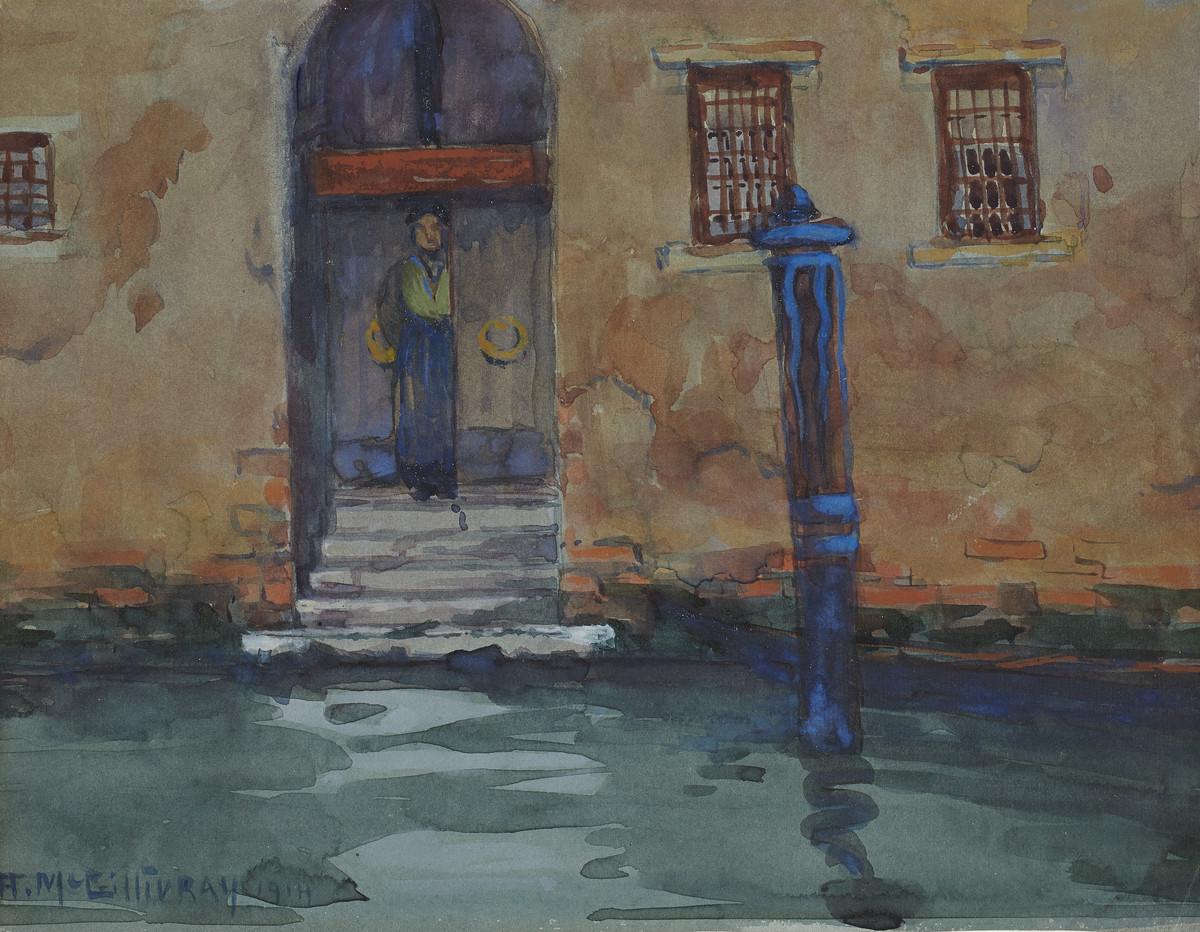 An image of Florence Helena McGillivray's painting Venice, which depicts a woman standing in a doorway on one of Venice's canals.