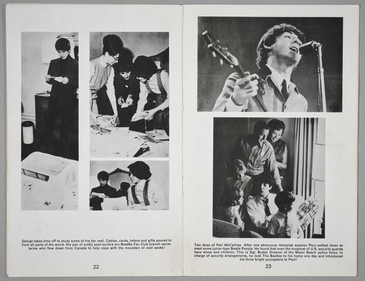 a photograph of a spread from the e Summer 1964 issue of The Official Beatles Fan Club National Newsletter Magazine., which features a photograph of Trudy Medcalf and Dawne Hester looking at fan mail