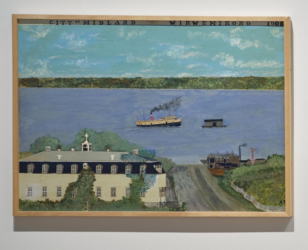 An image of Angus Trudeau's painting City of Midland Wikwemikong 1908, which depicts a a view of a bay in Wiikwemikong in 1908