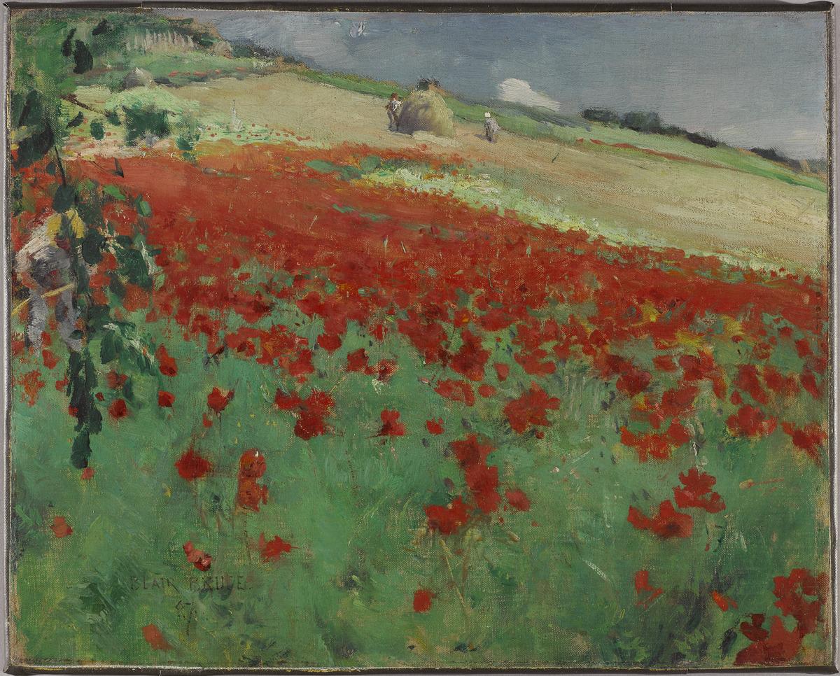 An image of William Blair Bruce's painting, Landscape with Poppies, which depicts a green field filled with red poppies