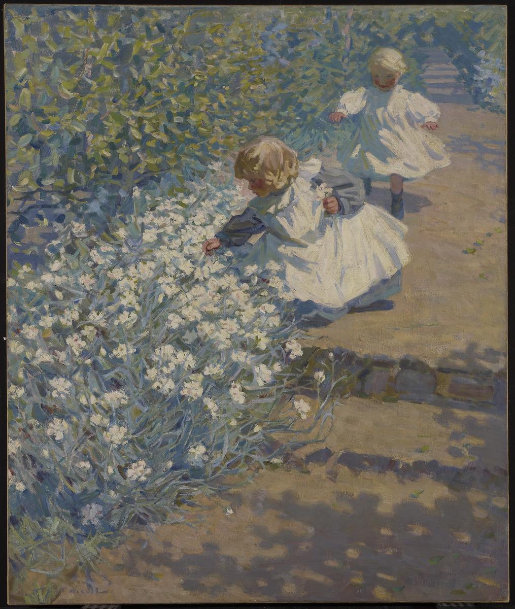 Helen Galloway McNicoll's painting Picking Flowers, which depicts two children in white dresses picking white flowers.
