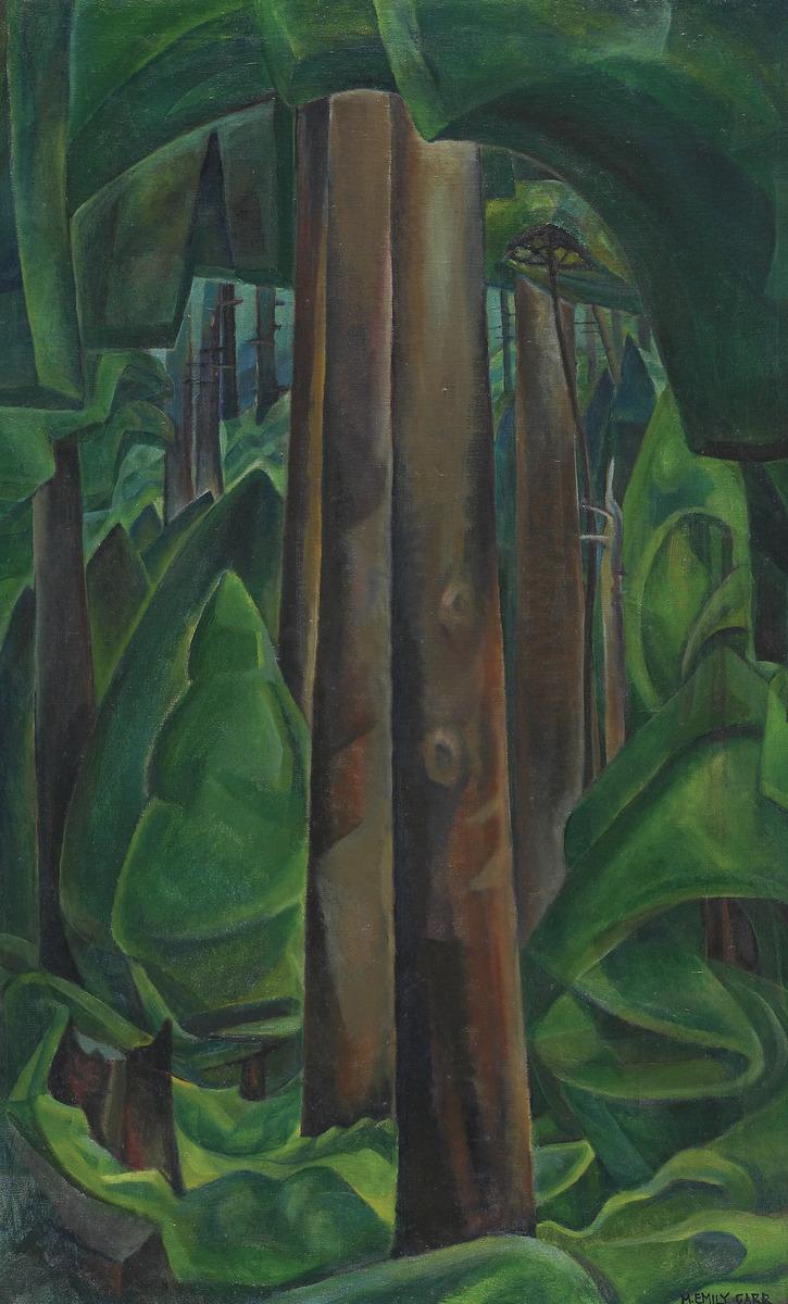 An image of Emily Carr's painting Inside a Forest II, which depicts trees in a dense, green forest.