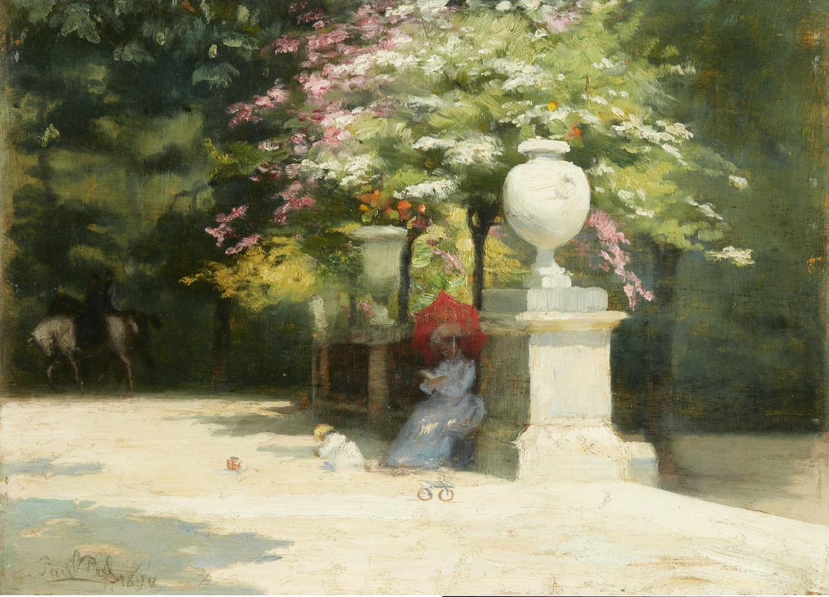 An image of Paul Peel's painting Luxembourg Gardens, Paris, which depicts a woman and a child in the shade of Luxembourg gardens.