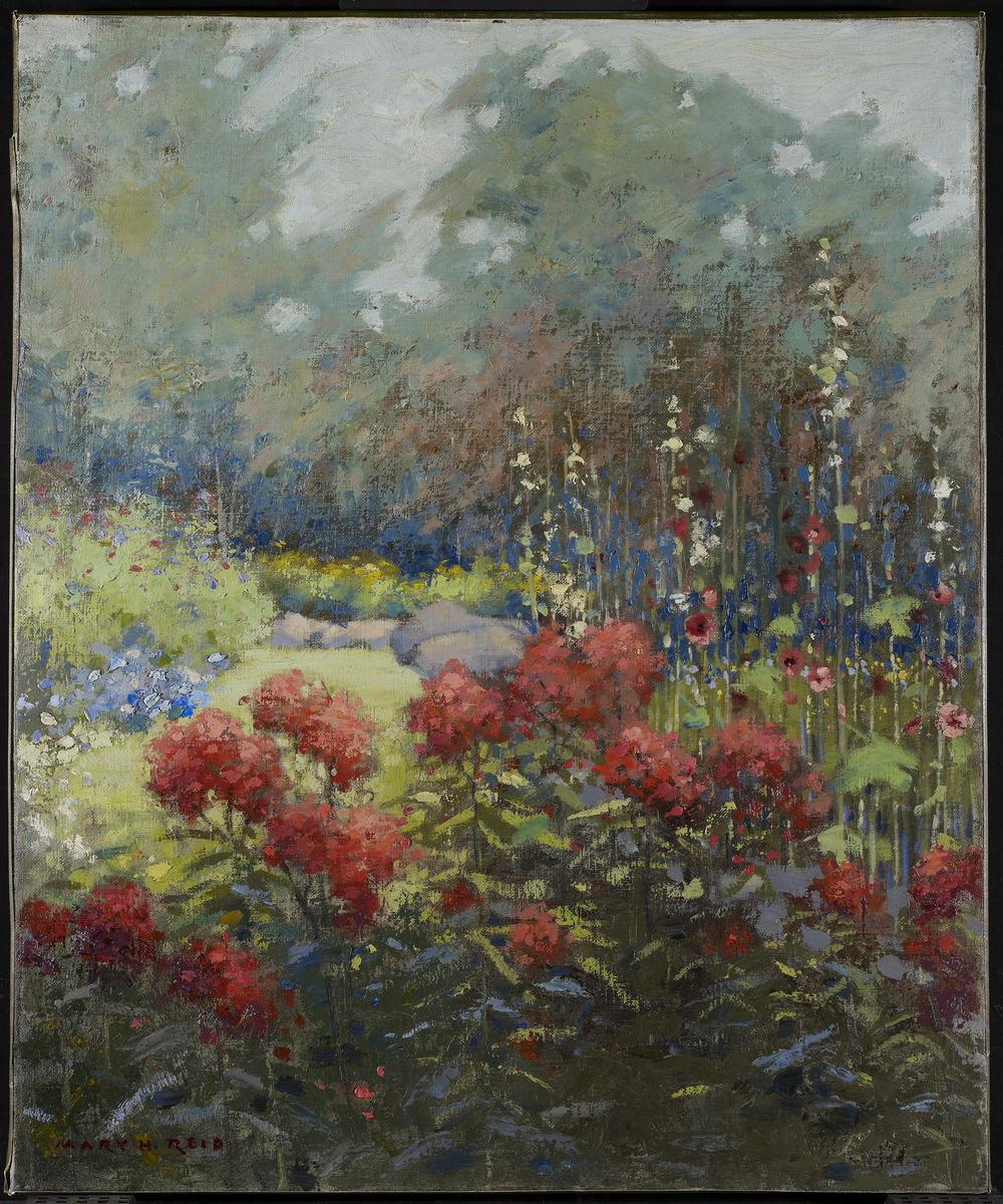 Mary Hiester Reid's painting,  A Garden in September, which depicts a garden with red, blue, and white flowers.
