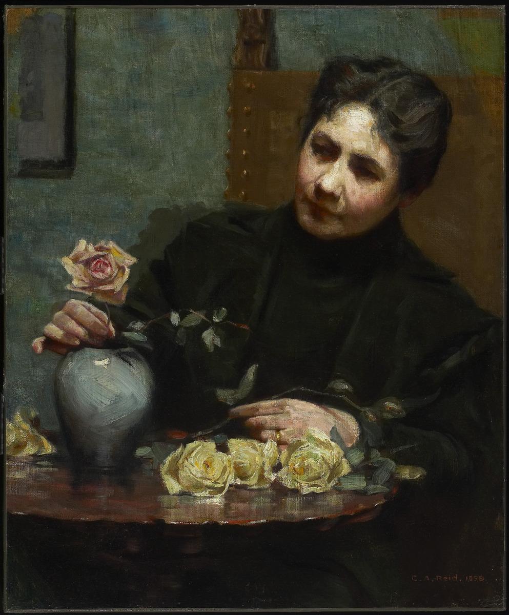 George Agnew Reid's portrait of Mary Hiester Ried arranging flowers in a vase.