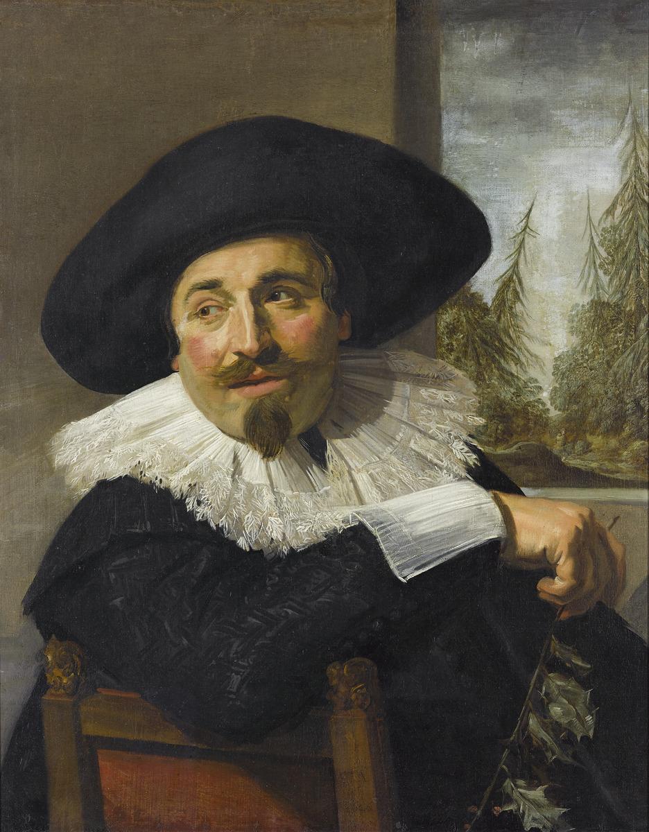 Frans Hal's portrait of Isaac Abrahamsz Massa. He leans forward on a backwards chair, glancing to the side.. He wears a black hat and jacket with a white frilly collar and cuffs.
