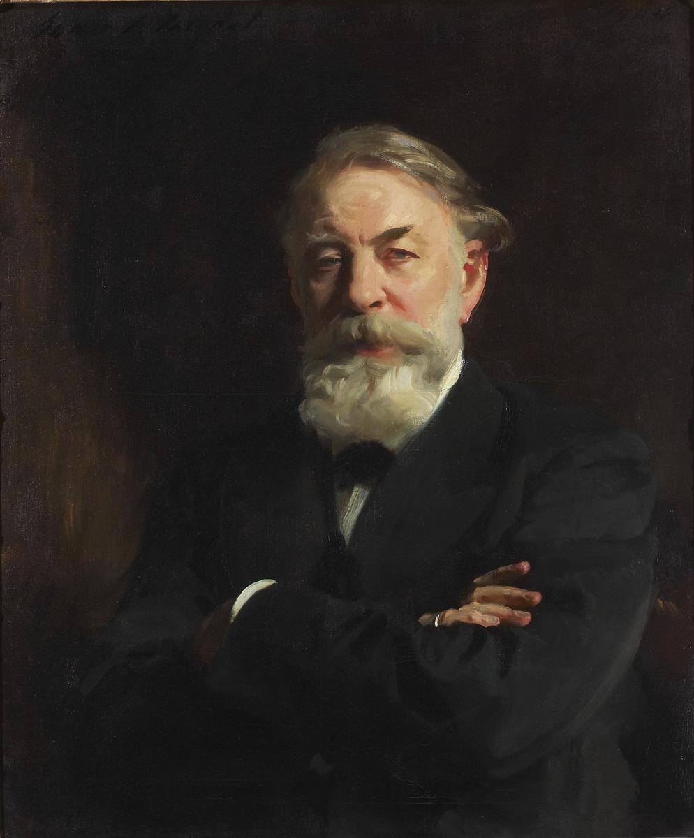 John Singer Sargent's portrait of Joseph Joachim. He stands crossed arm looking directly forward in a black jacket.