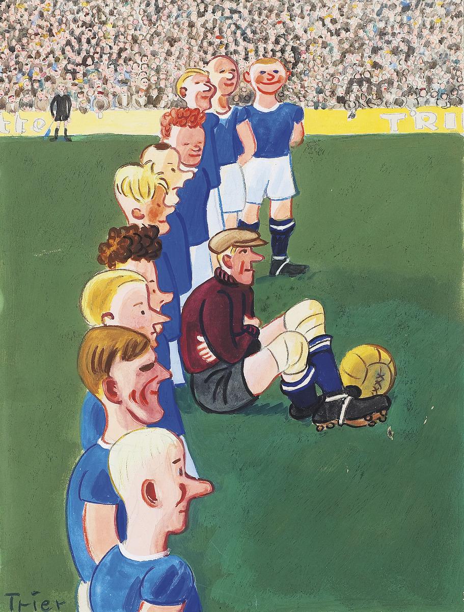 Walter Trier's illustration Soccer Team Preparing for the Game from Lustige Blatter, which features a 90-degree angle of a line of soccer players in blue jerseys and white shorts lined up for a photo on the field.