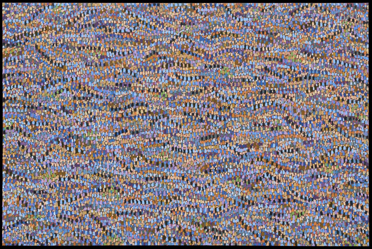 An image of Bewabon Shilling's painting Field Series -- Purples. It is composed of multiple brush strokes of purple, blue, and ochre colours that fill the whole canvas