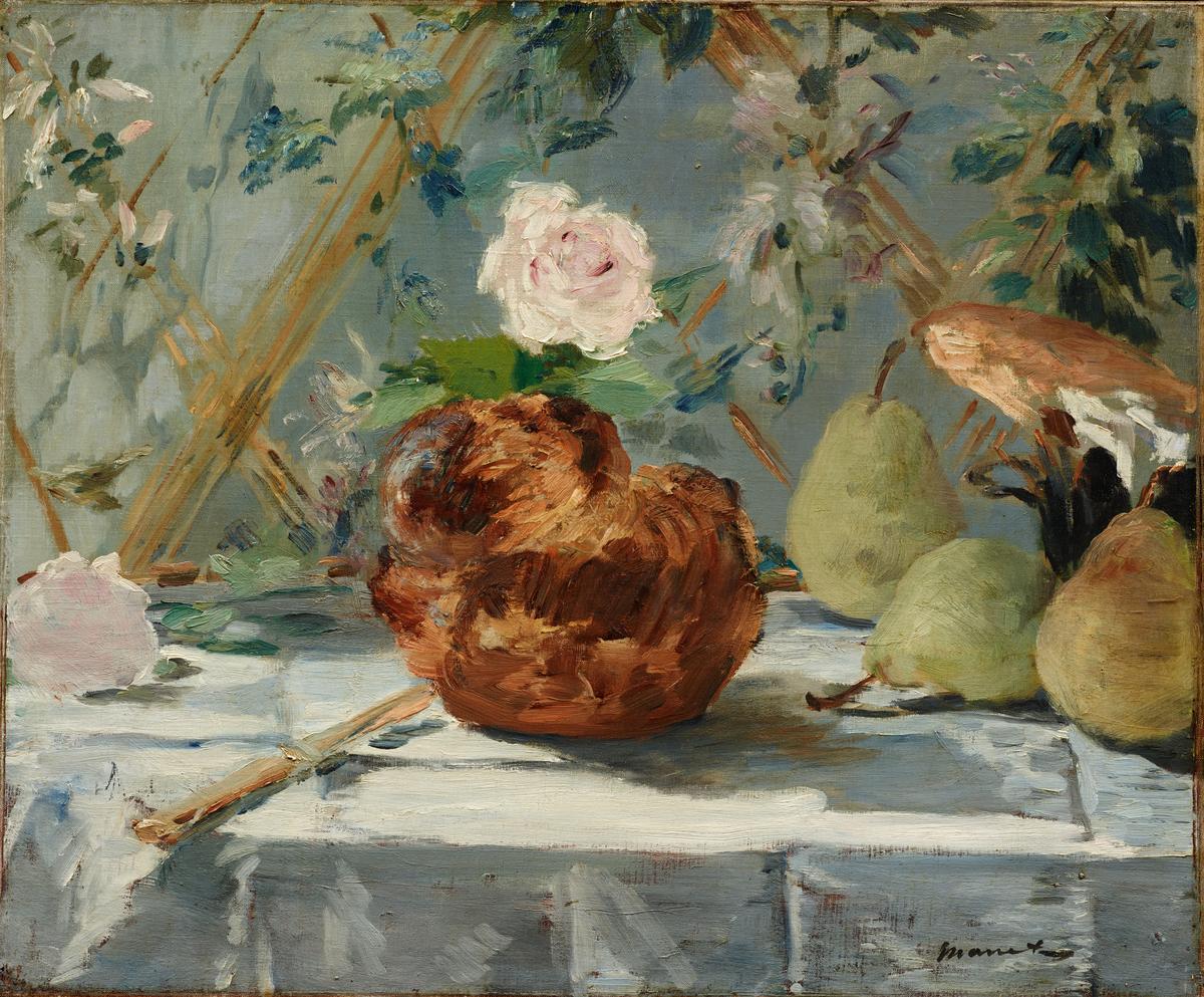 Edouard Manet's still life of a Brioche bun with pears around it on a white tablecloth.