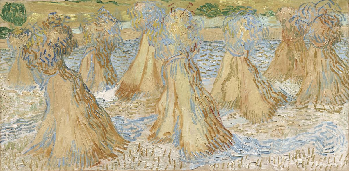 Vincent van Gogh's painting Sheaves of Wheat, which depicts sheaves of yellow wheat in a field.