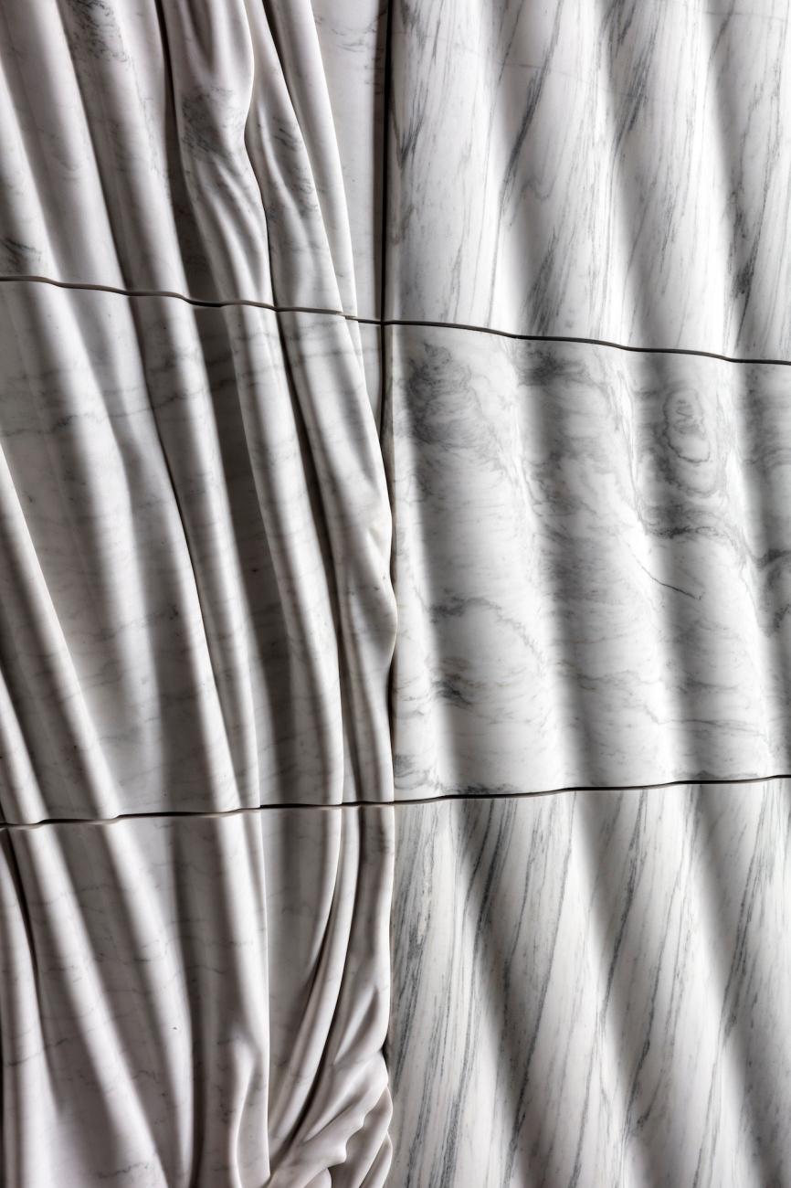 A detail image of Carl Tacon's marble sculpture Counterpoise