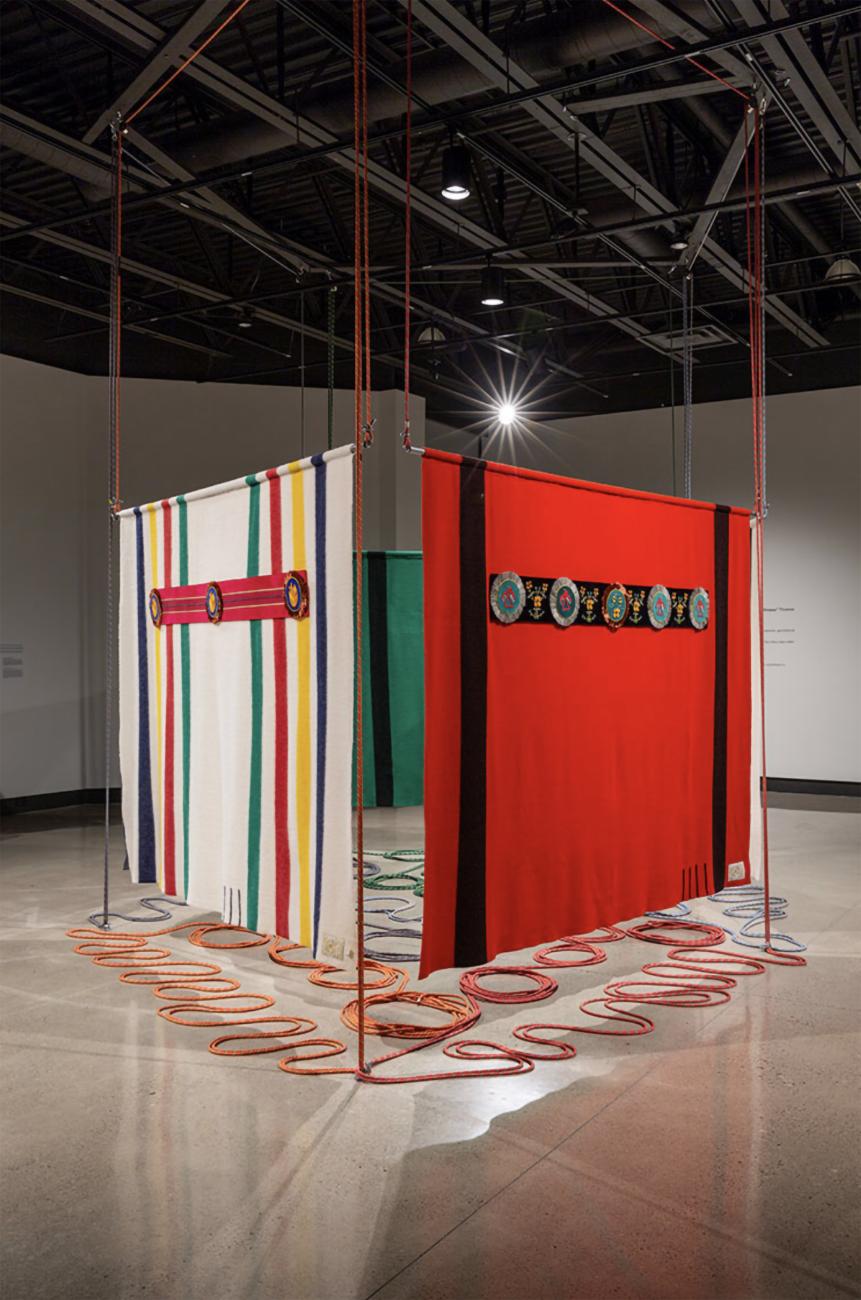 An image of Barry Ace's work Nayaano-nibiimaang Gichigamiin: The Five Great Lakes (2016)