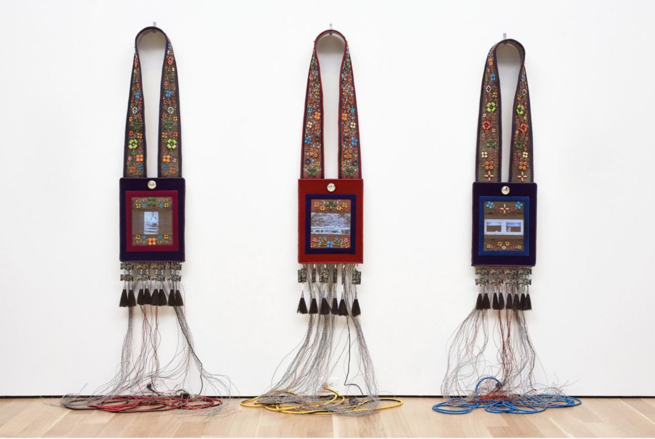 An image of Barry Ace's work Trinity Suite:Bandolier for Niibwa Ndanwendaagan (My Relatives); Bandolier for Manidoo-minising (Manitoulin Island); Bandolier for Charlie (In Memoriam),