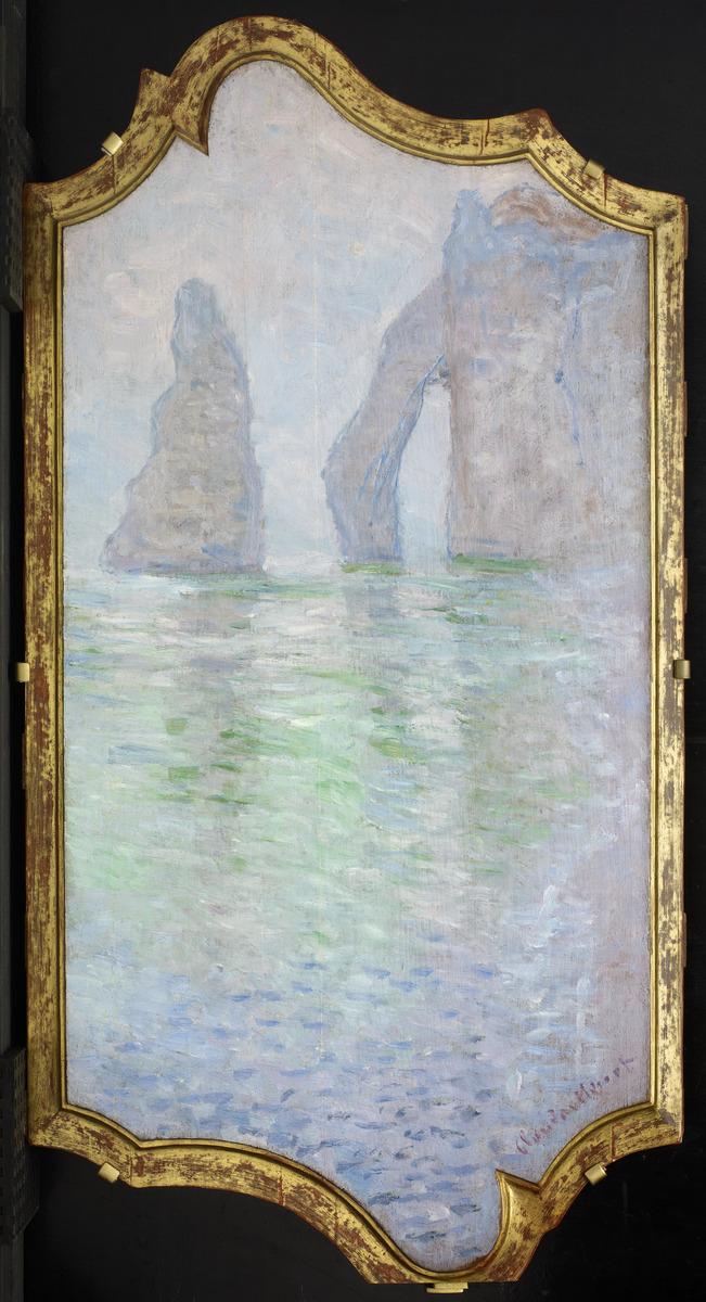 An image of Claude Monet's painting Étretat, L'Aiguille et la Porte d'Aval. It captures rock formations in water, depicted in pastels