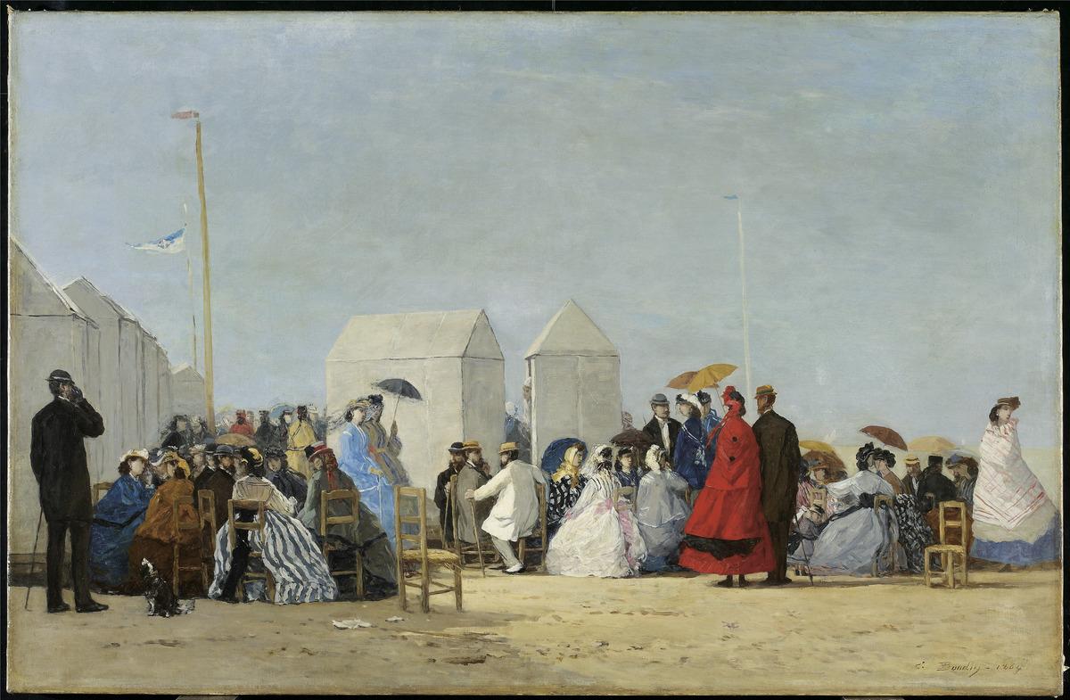 Eugène Louis Boudin's painting La plage de Trouville à l'heure du bain. It features people on a beach.