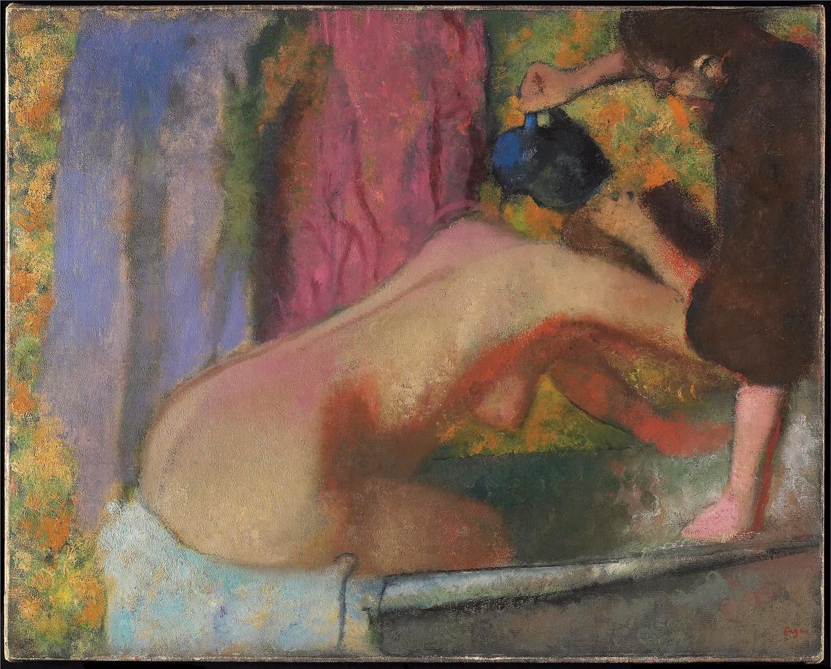 An image of Edgar Degas' painting,  Woman at Her Bath. It features a nude woman in the bath getting water poured over her