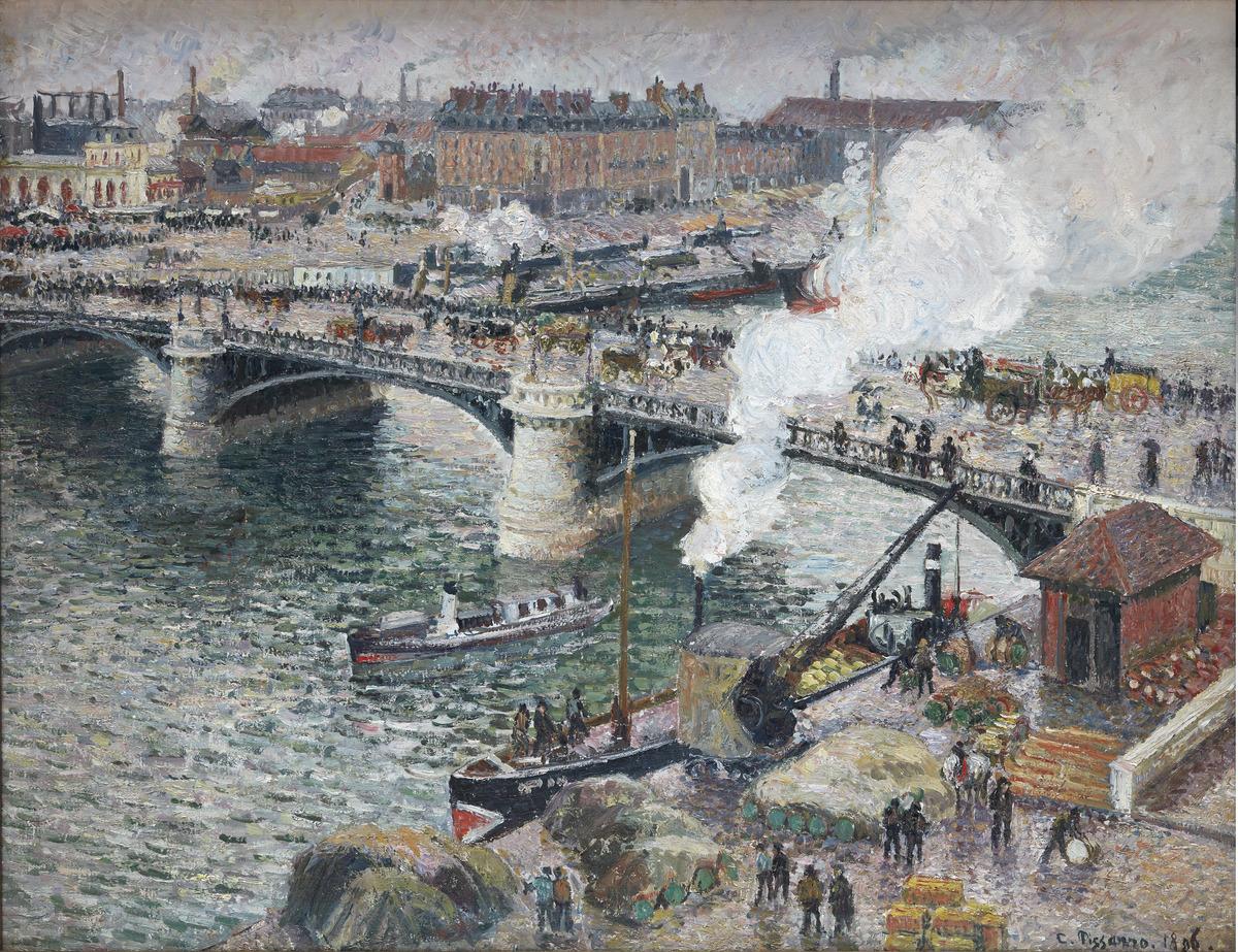 An image of Camille Pissarro's painting Le pont Boieldieu à Rouen, temps mouillé. It depicts a bridge overtop a river with boats and people.