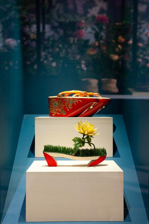 An image of shoes on display in the Bata Shoe Museum's exhibition In Bloom