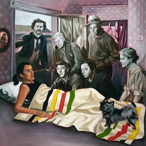 An image of Favell's painting I awoke to find my spirit had returned, which features the artist imagined as Dorothy from the Wizard of Oz, under a Hudson Bay blanket with Louis Riel in the window and her dog on the bed as Toto