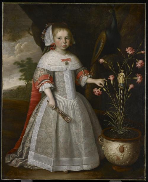 Flemish painting of a young girl beside pot of carnations