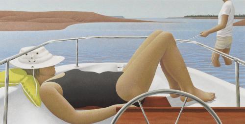 An image of Alex Colville's painting Low Tide. It features a woman laying on a boat with her hat on her face while a man behind her in the water leads the boat through the water with a rope.