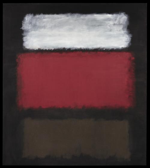 Painting by Mark Rothko with white, red and grey hazy blocks on black background