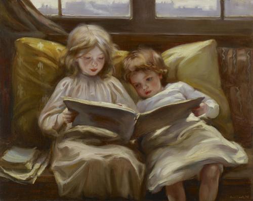 An image of Laura Muntz Lyall's Interesting Story, which depicts two young children reading a story book together