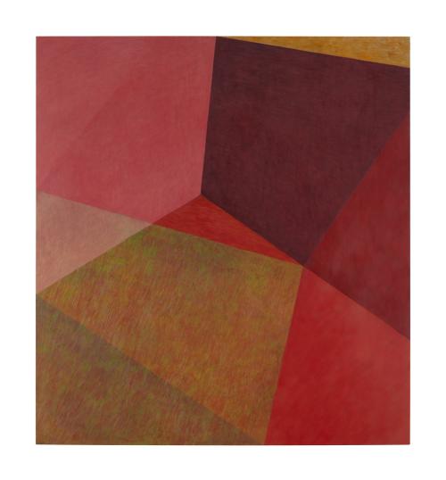 An image of Jinny Yu's  Inextricably Ours 23-08. It features geometric squares in various shades of red and orange