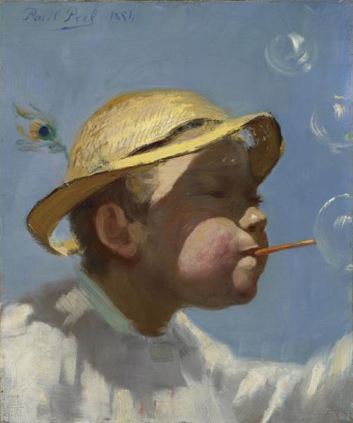 oil on canvas of small boy blowing bubbles through a straw wearing a hat