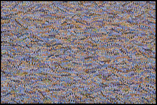 An image of Bewabon Shilling's painting Field Series -- Purples. It is composed of multiple brush strokes of purple, blue, and ochre colours that fill the whole canvas