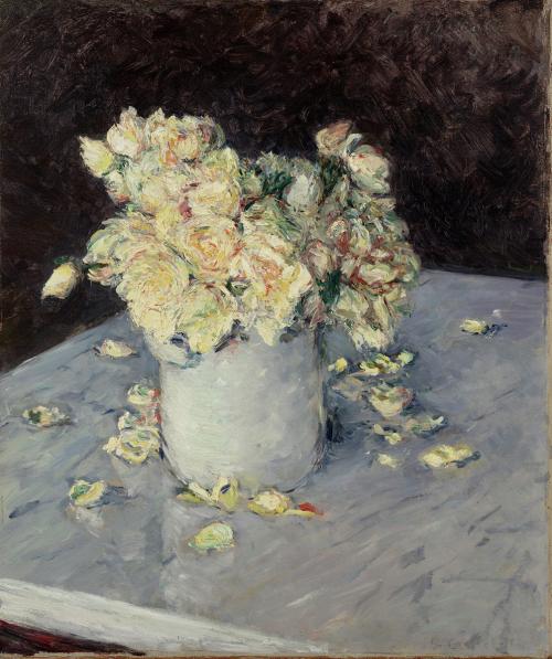 Gustave Caillebotte's painting Yellow Roses in a Vase, which depicts yellow roses in a white vase on a white table, with fallen petals from the flowers surrounding the vase. 